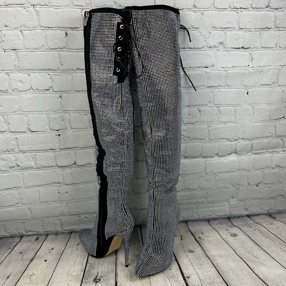 Azalea Wang Knee High Stiletto Boot Women's Size 7 Black Rhinestone Zipper Tie